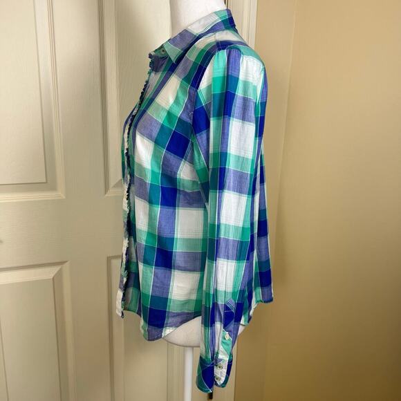 Talbots Spring Plaid Button Down Shirt Ruffle Size Medium Petite EUC - Picture 4 of 6